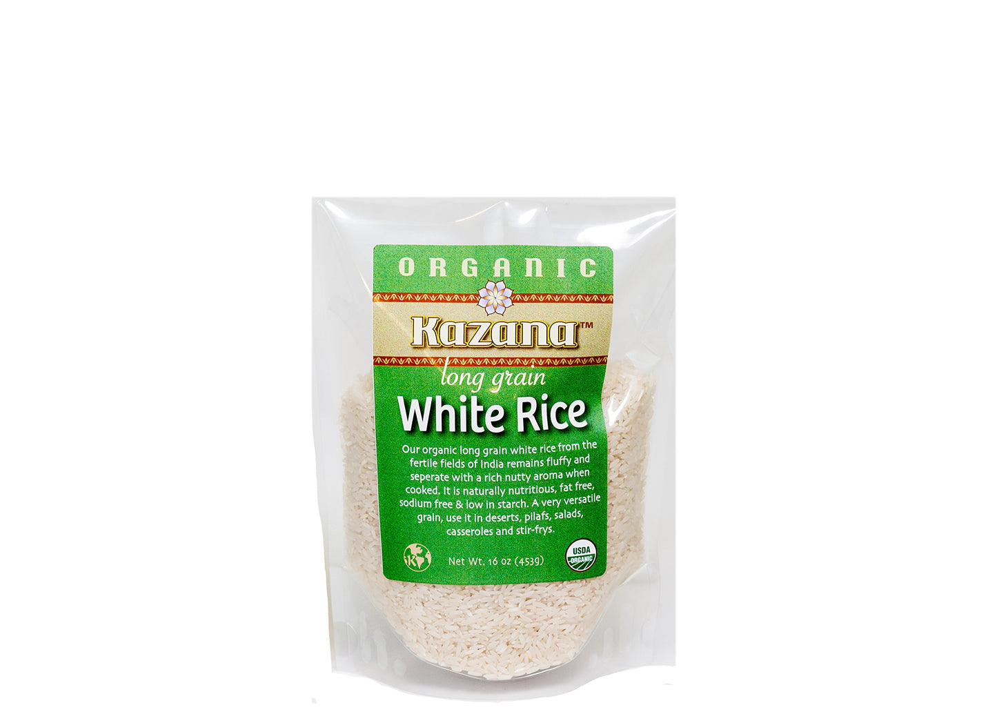 Kazana Long Grain White Rice, 100% USDA Organic, 16oz (453g) (1 pack)