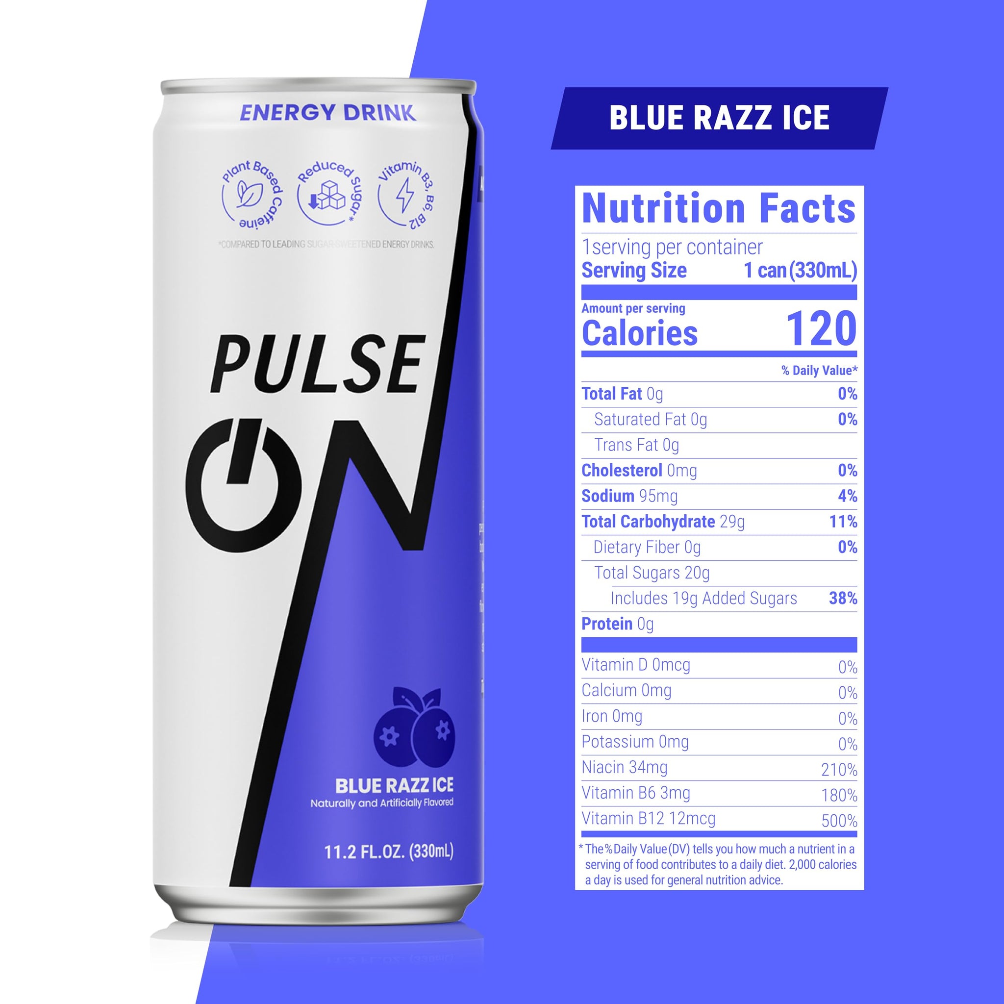PulseOn Energy Drink- 200mg Natural Caffeine, Taurine and Vitamin B|Blue Razz Ice, Reduced Sugar 11.2 fl oz((Pack of 24)