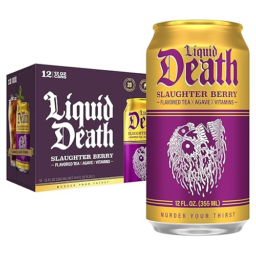 Liquid Death Iced Tea - Slaughter Berry (Raspberry-Flavored Black Tea), Less Sugar*, Boost of Caffeine, B Vitamins, No Artificial Sweeteners, 12 Fl Oz