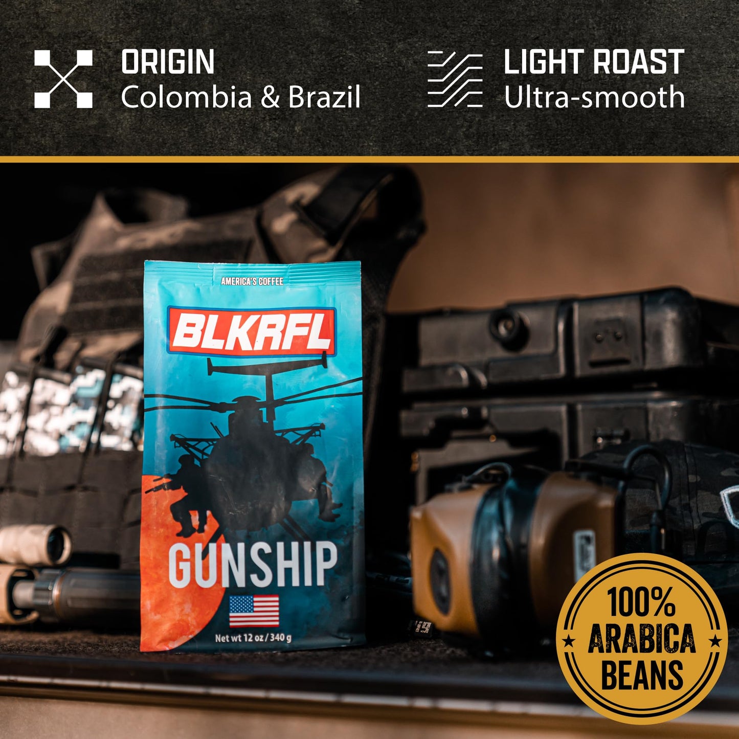 Black Rifle Coffee Company Gunship Roast, 12oz Bag, Ground Coffee Light Roast - Roasted Blend Made from Arabica Beans - Colombian & Brazilian Beans