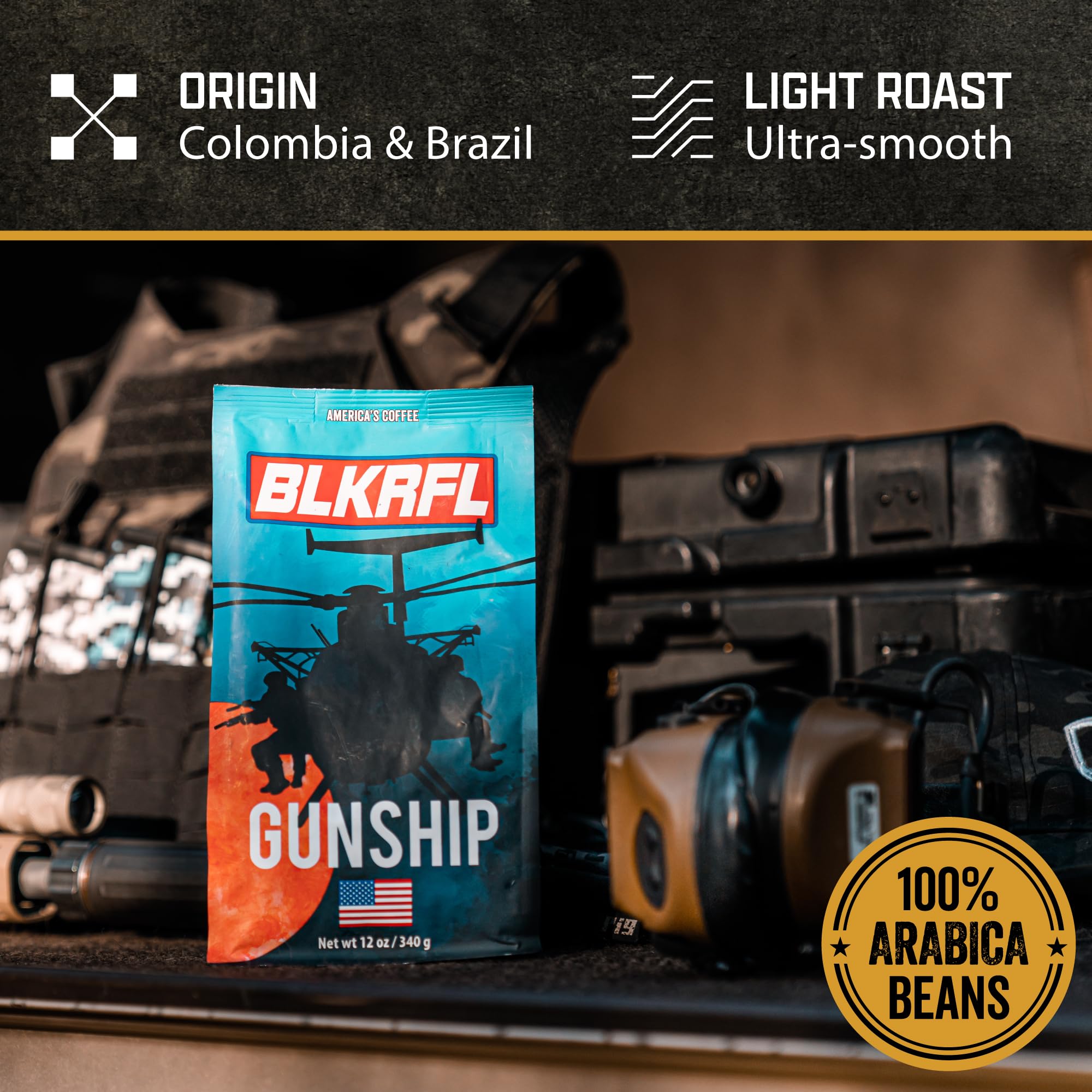 Black Rifle Coffee Company Gunship Roast, 12oz Bag, Ground Coffee Light Roast - Roasted Blend Made from Arabica Beans - Colombian & Brazilian Beans