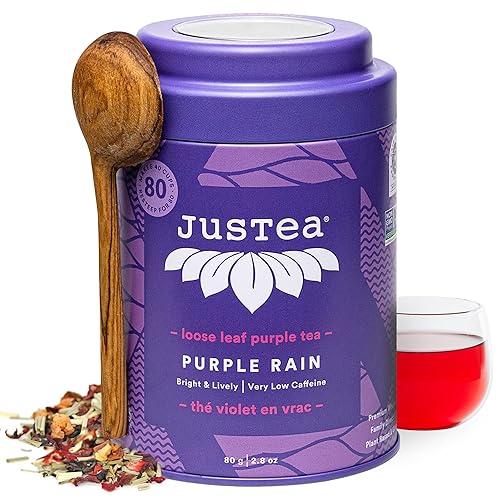 JusTea PURPLE RAIN | Loose Leaf Purple Tea | Tin with Hand Carved Tea Spoon | 40+ Cups (2.8oz) | Very Low Caffeine | Award-Winning | Fair Trade |