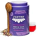 JusTea PURPLE RAIN | Loose Leaf Purple Tea | Tin with Hand Carved Tea Spoon | 40+ Cups (2.8oz) | Very Low Caffeine | Award-Winning | Fair Trade |