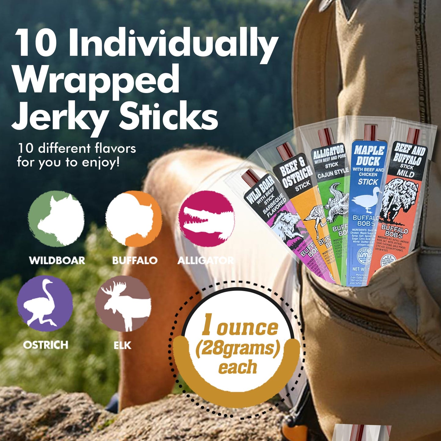 Jerky-n-Spice Wild Game Exotic Meat Sticks (10-Pack) | Ultimate Beef Jerky | Savory Snacks Variety Pack for Adults | Perfect Gifts for Anniversary