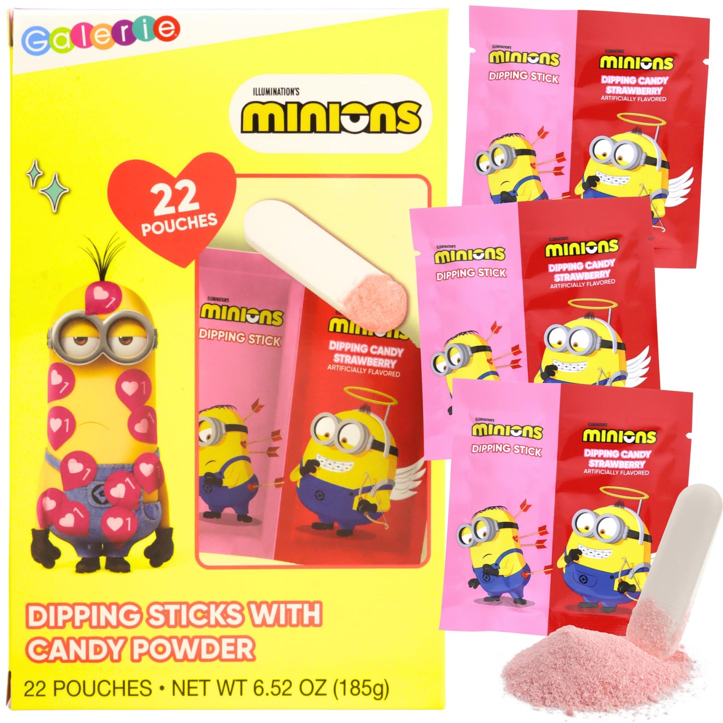 Minions Valentine's Day Friendship Candy Exchange Kit, Strawberry Flavored Dipping Powder, Party Favor Treats, 22 Packs Inside