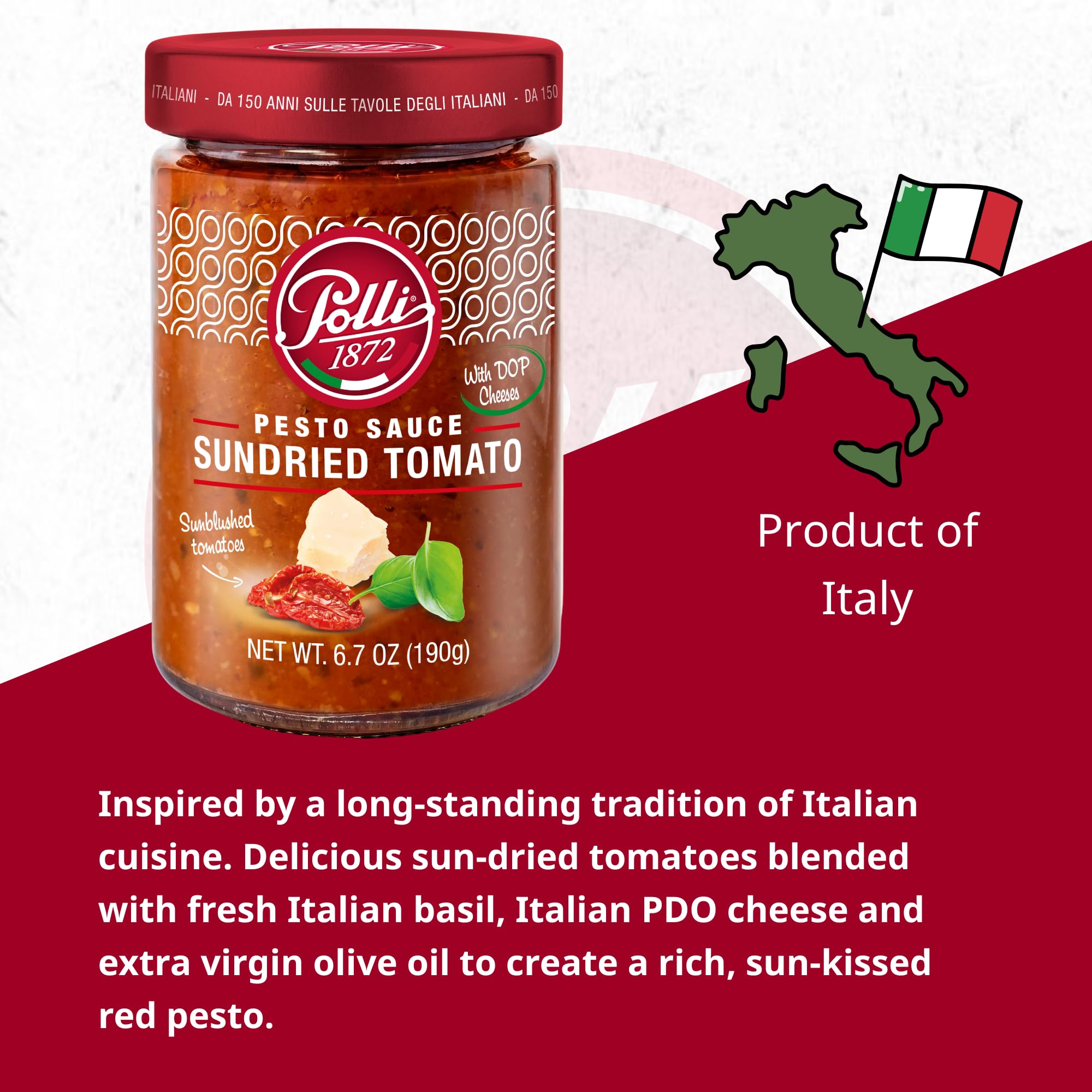 Polli Pesto Sauce Sundried Tomato | With DOP Cheese | Pasta Risotto and Bruschetta Sauce | Made In Italy - 2 Pack (6.7 oz Each)