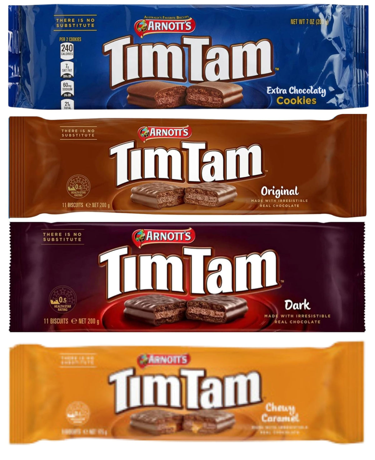 Tim Tam Sampler - Extra Chocolaty, Original, Dark, Chewy Caramel - Chocolate Cream Filling, Imported from Australia (4 Pack) Deliciousness Chocolate
