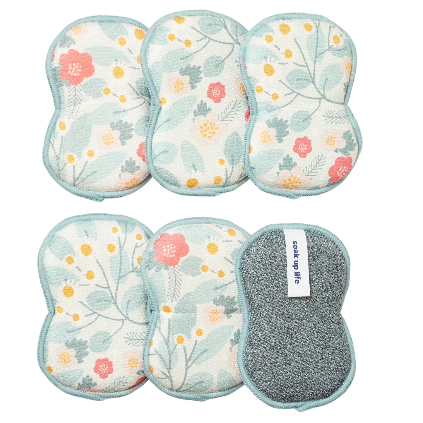 Bright Habits Sponge Set in Blossom Blue, 6 Pack Super Absorbent Washable Reusable Cleaning Sponges Made from Recycled Materials, Durable Eco Friendly