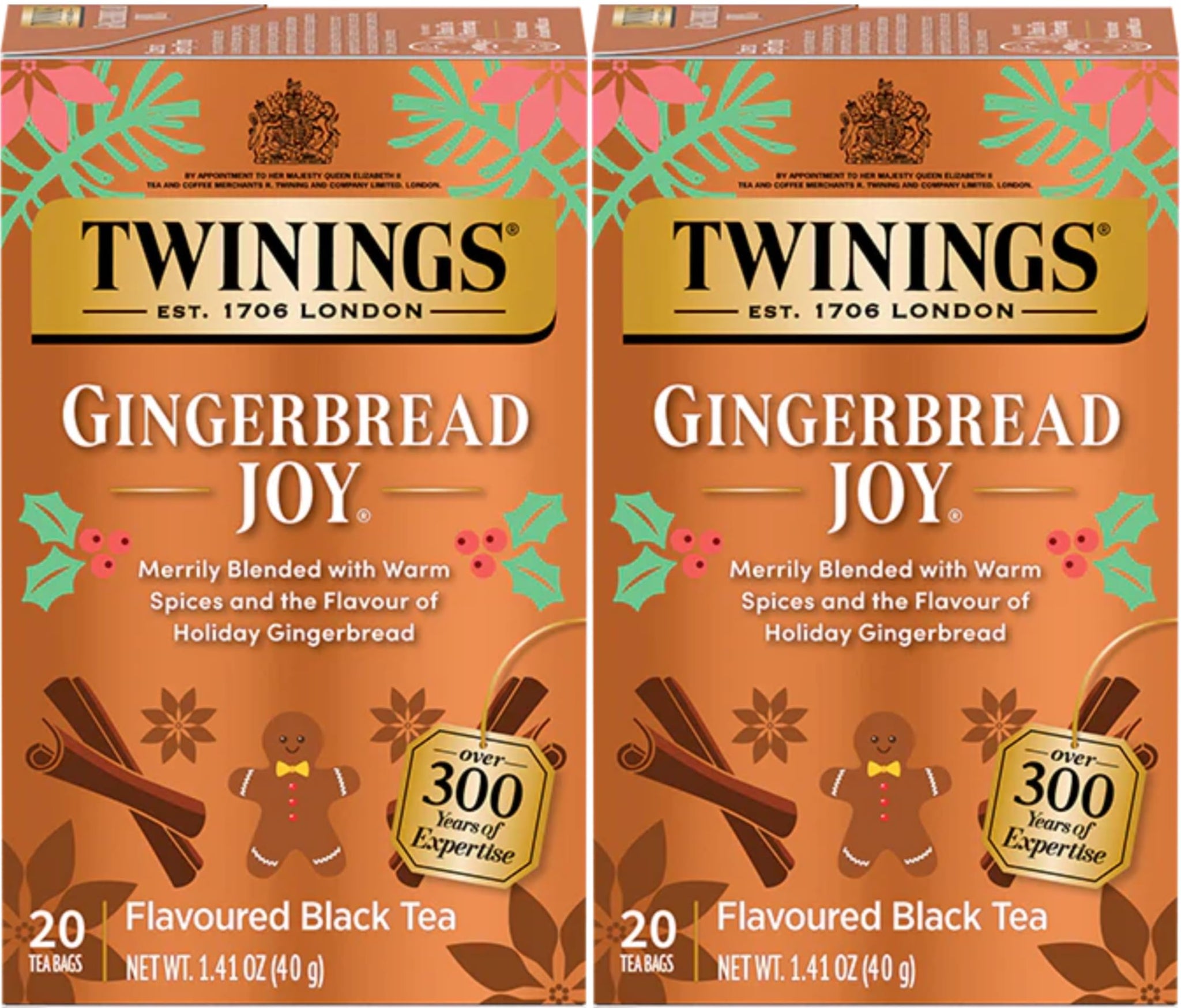 Twinings Gingerbread Joy Holiday Tea, Black Tea Naturally Flavored with Cinnamon and Ginger, Tea Bags Individually Wrapped, 20 Count Ea (Pack of 2)