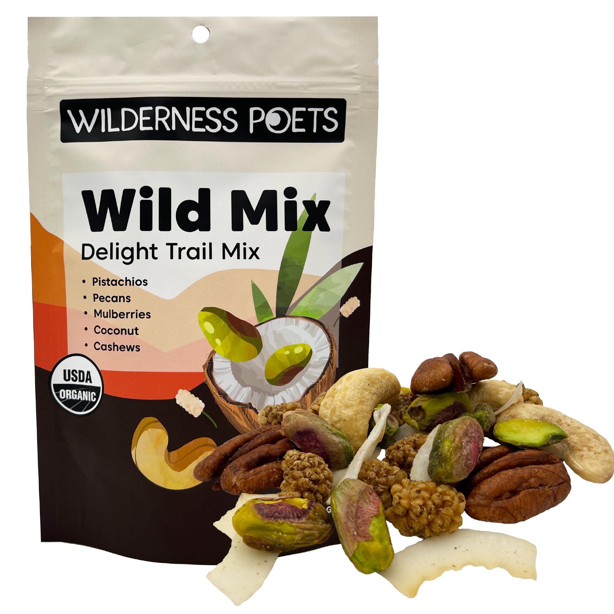 Wilderness Poets, Song of Delight Wild Mix - Organic Raw Trail Mix - Pecans, Cashews, Mulberries, Pistachios, Coconut Ribbons - 8 Ounce