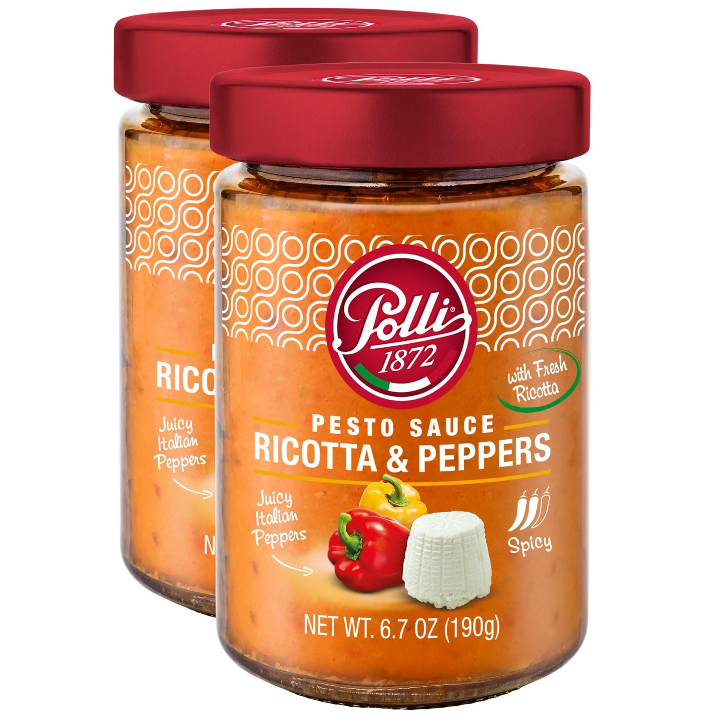 Polli Pesto Sauce Ricotta & Peppers | Pasta Risotto and Bruschetta Sauce | Spicy, Made In Italy - 2 Pack (6.7 oz Each)