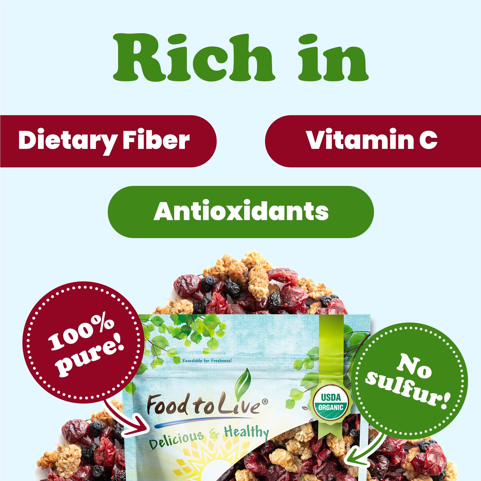 Food to Live Organic Delicious Berries Mix, 4 Pounds - A Blend of Non-GMO Dried Blueberries, Cranberries, and White Mulberries Gently Infused