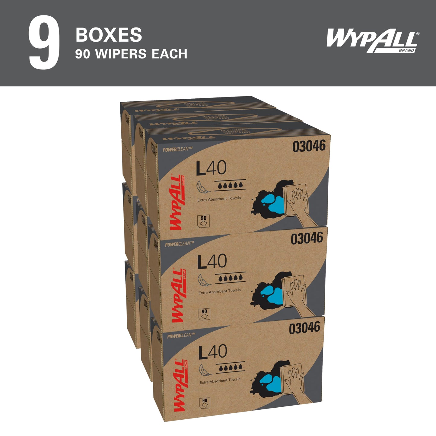 WypAll PowerClean L40 Cloths Extra Absorbent Wipes (03046), Pop-Up Box, Bulk Paper Wipers, White (9 Packs of 90 Sheets, 810 Sheet Total)