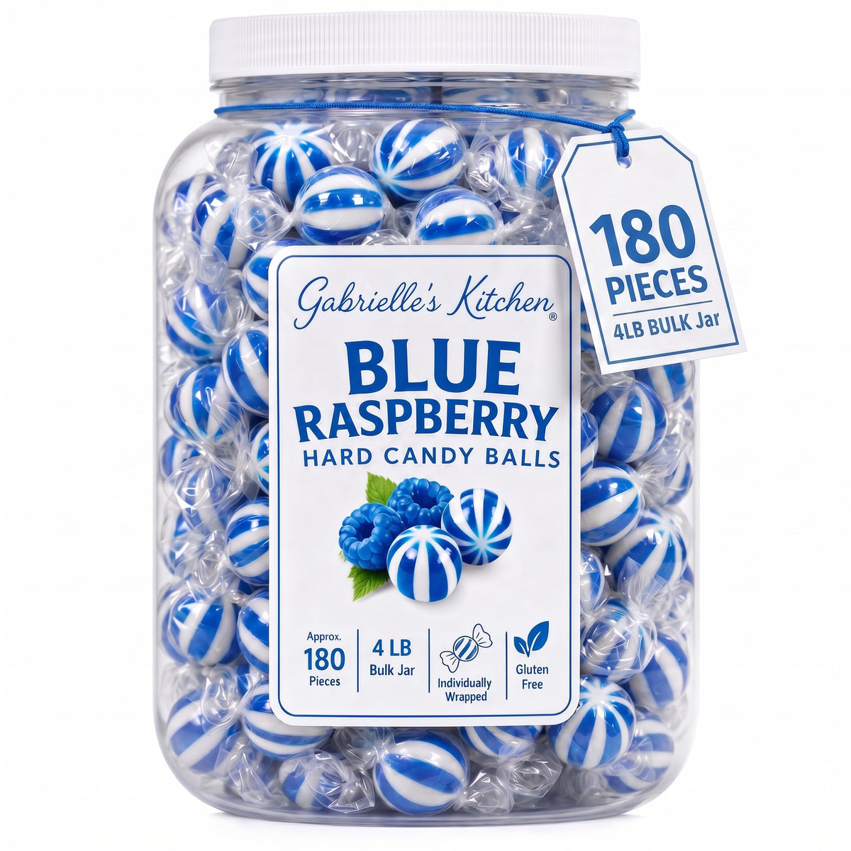 Blue Raspberry Hard Candy Balls, 4 LB Bulk Gallon Jar - Individually Wrapped Jumbo Blue Candy for Candy Buffet, Office, Wedding, Concession Stand