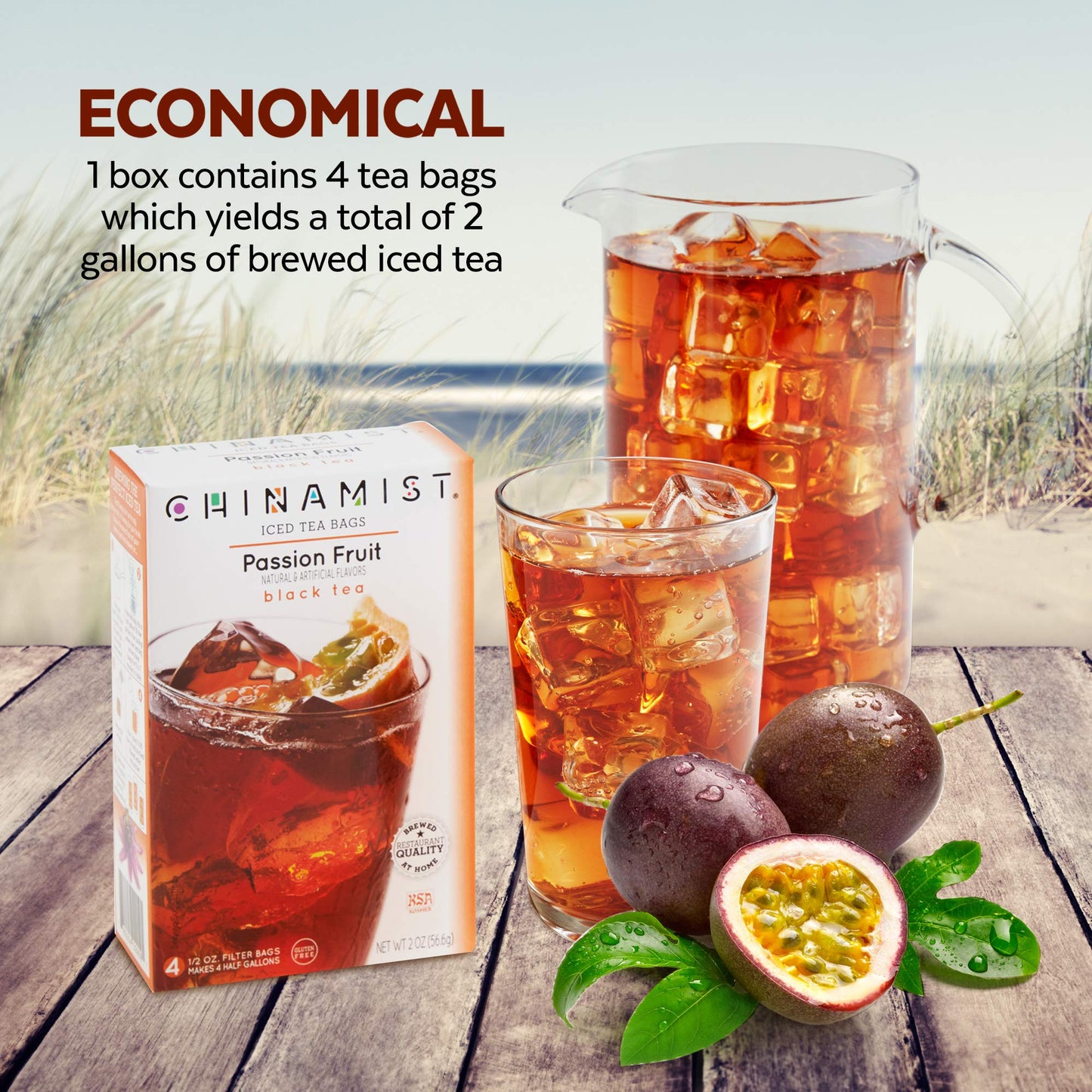 China Mist Iced Tea - Passion Fruit Black Tea Infusion - Refreshing and Delicious - Each Tea Bag Yields 1/2 Gallon - 4 bags