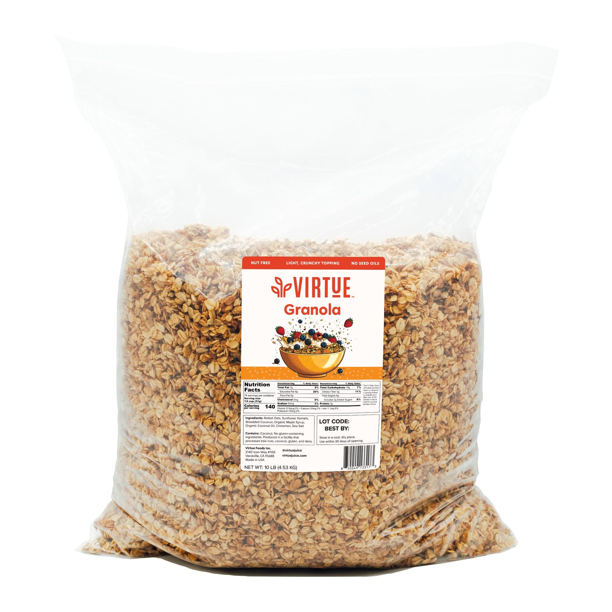 Virtue Foods Bulk Nut Free Granola - 10 lb (160 oz) Resealable Bag - Lightly Sweetened with Maple Syrup - Gluten Free, Seed Oil Free, Loose Style
