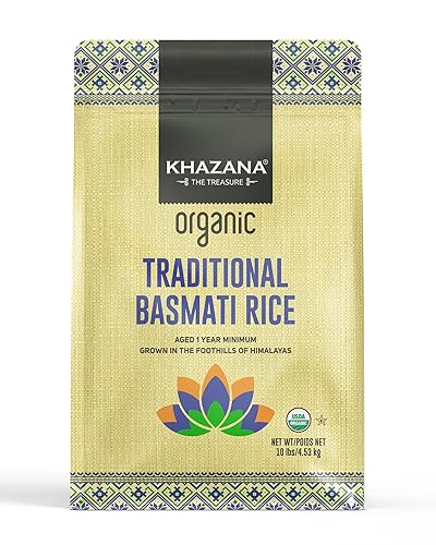 Authentic Organic Basmati Rice by Khazana in 10 lb Bag - Aromatic and Flavorful Indian Grain - Non-GMO, Gluten Free, Kosher, Cholesterol Free