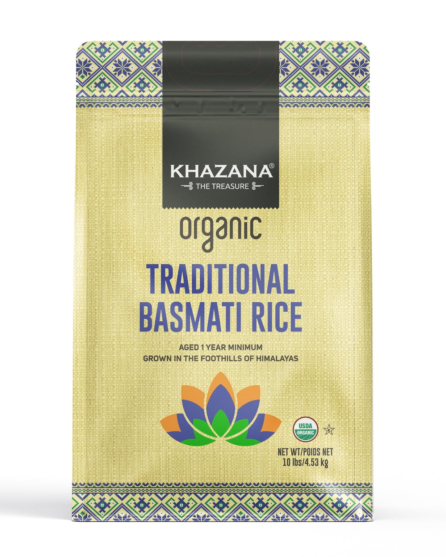 Authentic Organic Basmati Rice by Khazana in 10 lb Bag - Aromatic and Flavorful Indian Grain - Non-GMO, Gluten Free, Kosher, Cholesterol Free
