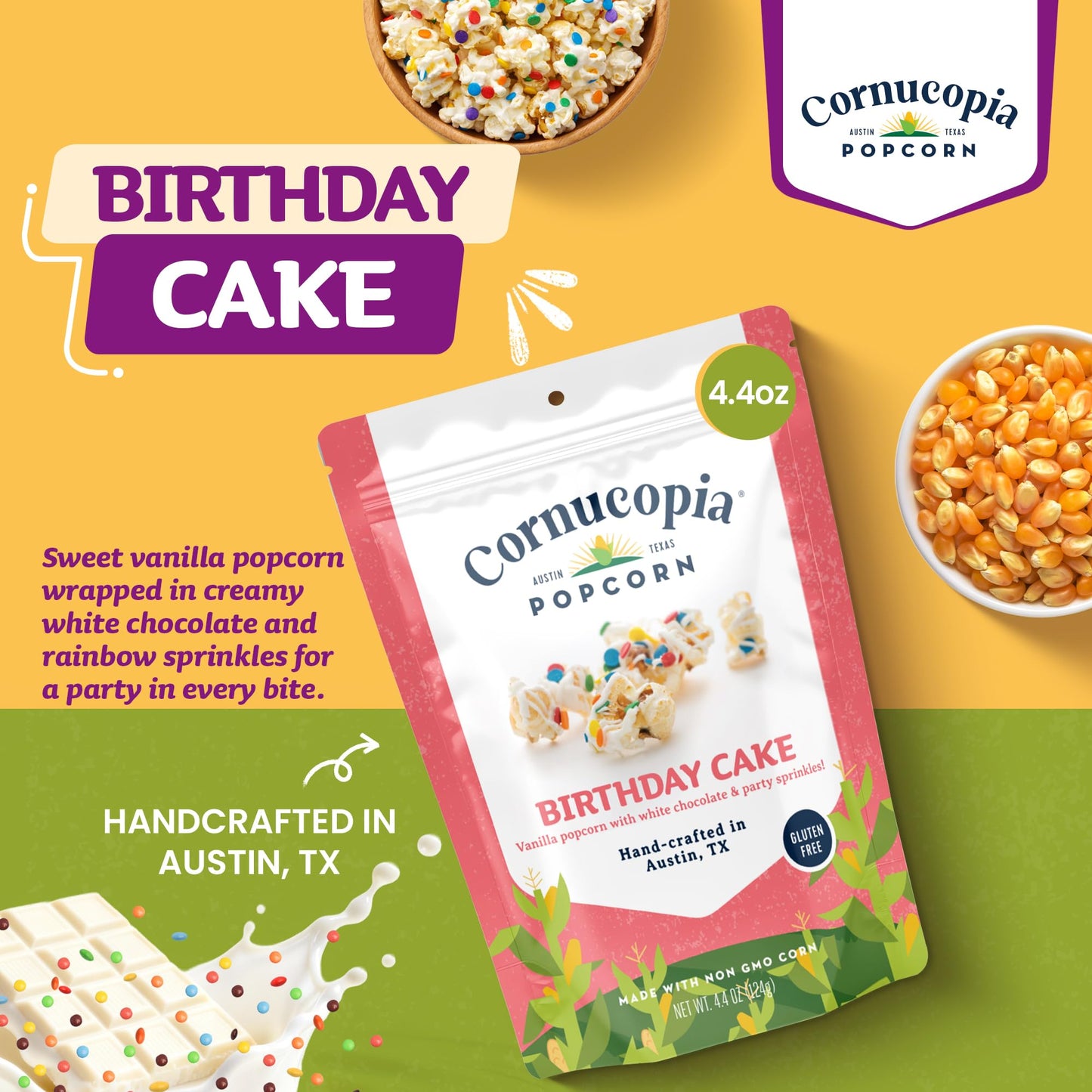 Cornucopia Popcorn Birthday Cake - Gourmet Popcorn from Austin. Vanilla Popcorn with White Chocolate & Confetti Sprinkles for Celebrations, Movie