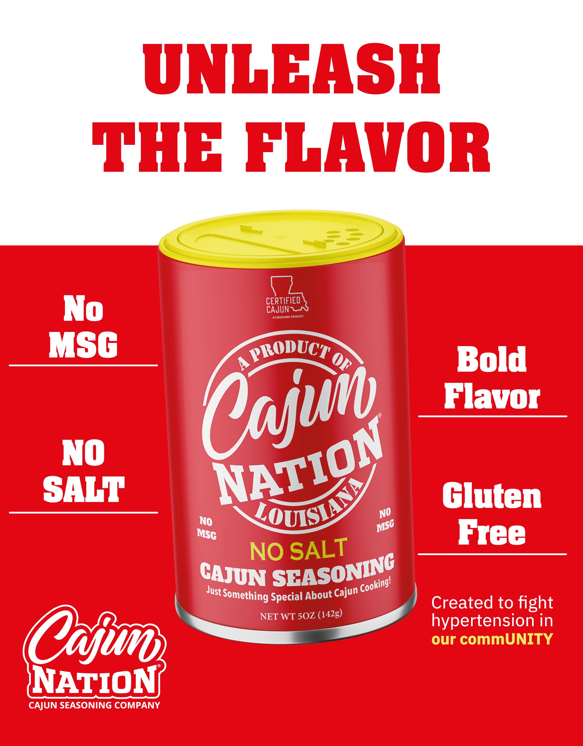 Cajun Nation NO SALT Cajun Seasoning 5 oz - Gluten Free, No MSG- Louisiana Spicy Cajun Seasoning for Turkey, Jambalaya, Gumbo, Seafood & More, 2-Pack