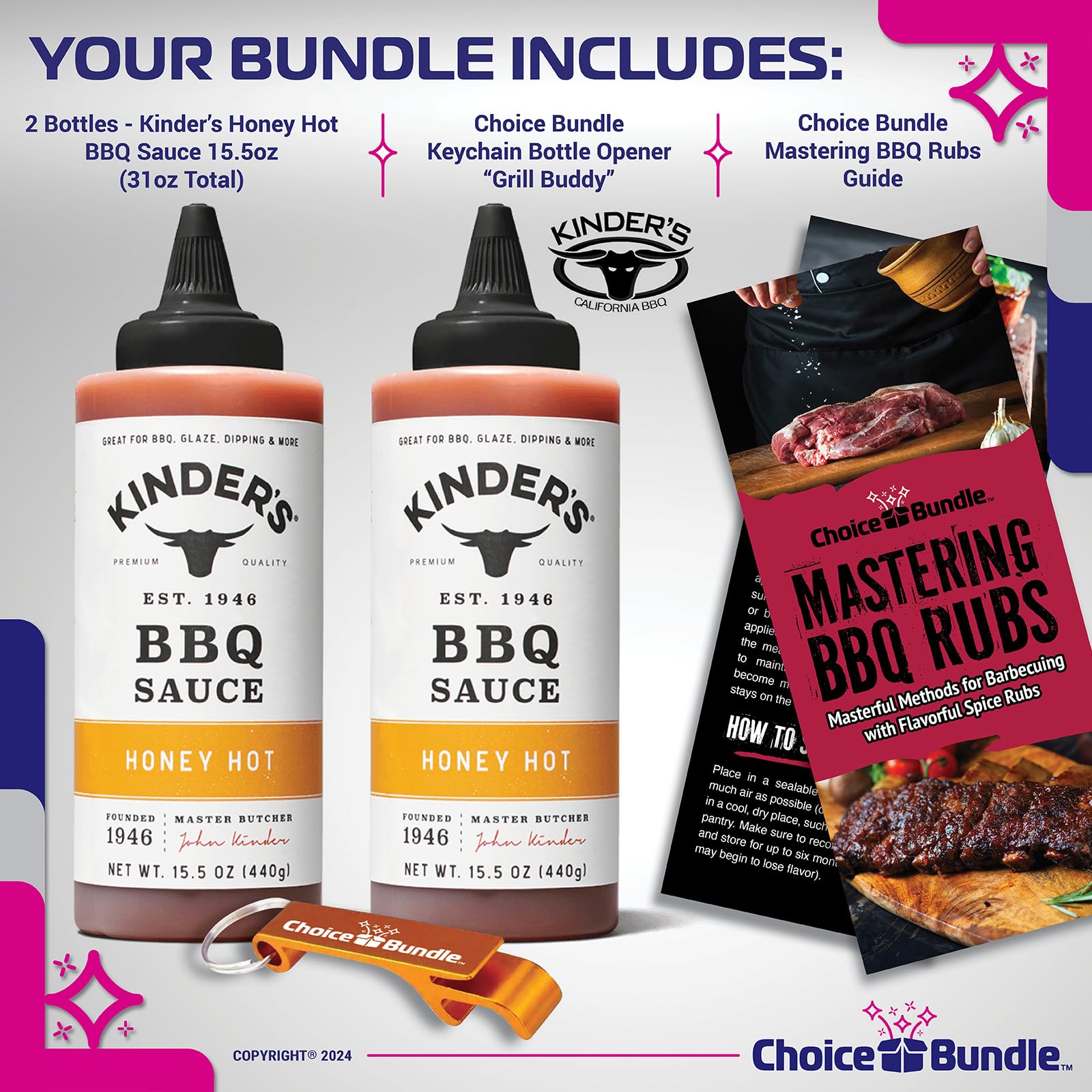 Kinder’s Honey Hot BBQ Premium Barbecue Sauce 2 Pk (31 oz) Great to Dip Toss Glaze & More + Barbecue Masters & Bottle Opener (4 Items)!