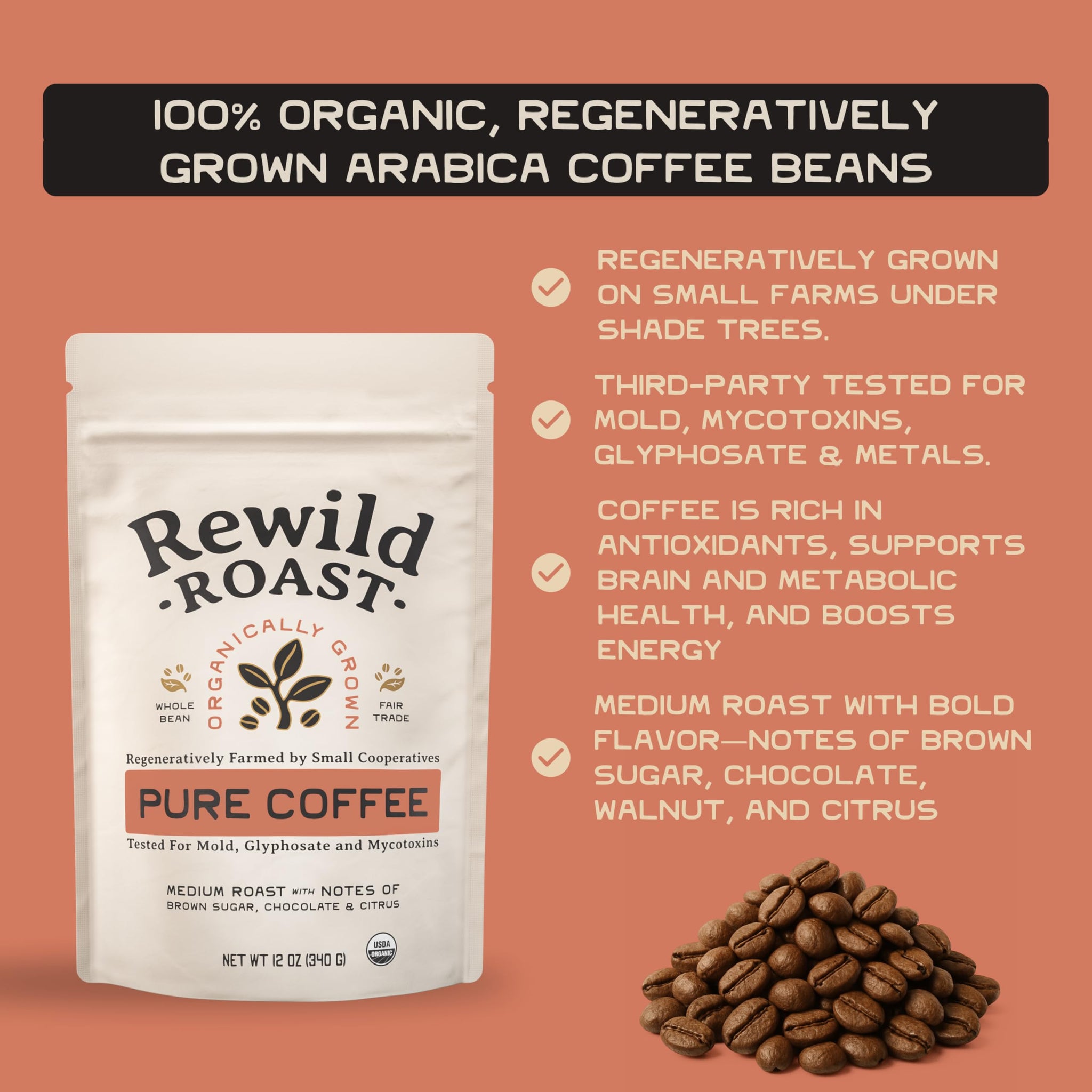 Lineage Provisions Rewild Roast Coffee - Organic Whole Coffee Beans - Arabica Medium Roast - Brown Sugar, Dark Chocolate, Toasted Walnut, Citrus