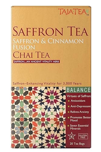 Taja Saffron Tea - Saffron & Cinnamon Fusion Chai, Balanced Wellness Blend for Mindful Comfort, Mood Boost, Decaffeinated | Gluten Free | Kosher, 20