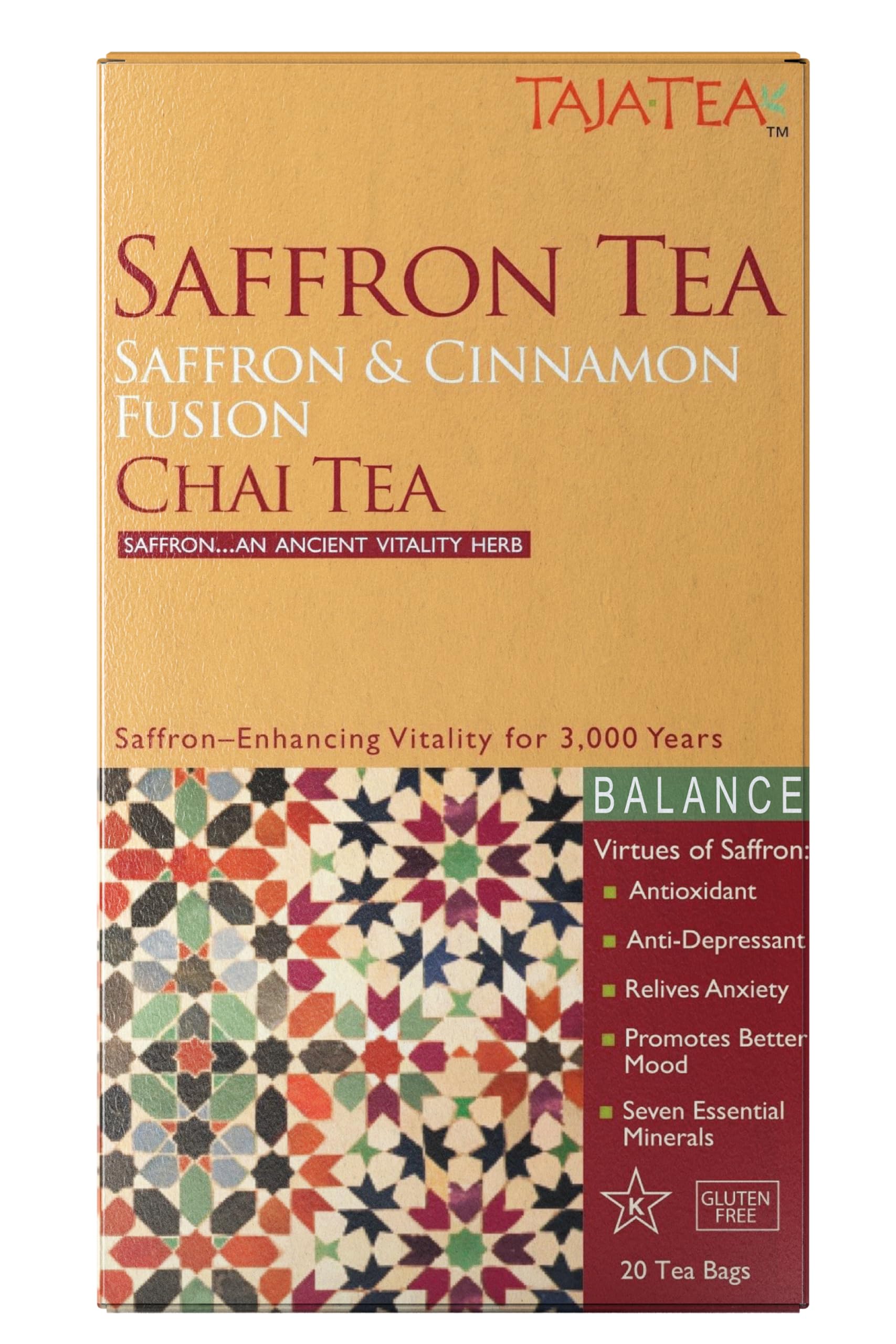 Taja Saffron Tea - Saffron & Cinnamon Fusion Chai, Balanced Wellness Blend for Mindful Comfort, Mood Boost, Decaffeinated | Gluten Free | Kosher, 20