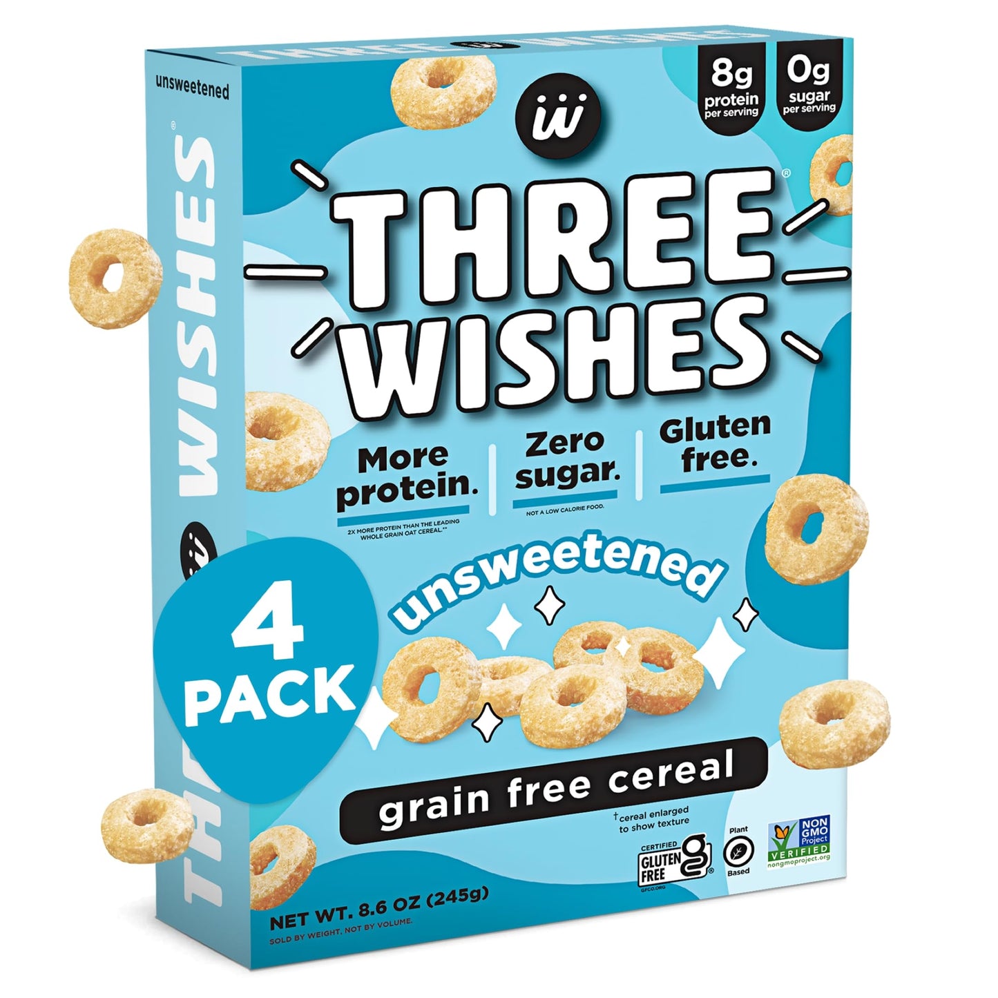 Three Wishes Grain-Free & Protein Cereal - Healthy, Sugar-Free & Gluten-Free Breakfast Cereal - Low Carb, Plant-Based, Vegan & Non-GMO - Unsweetened