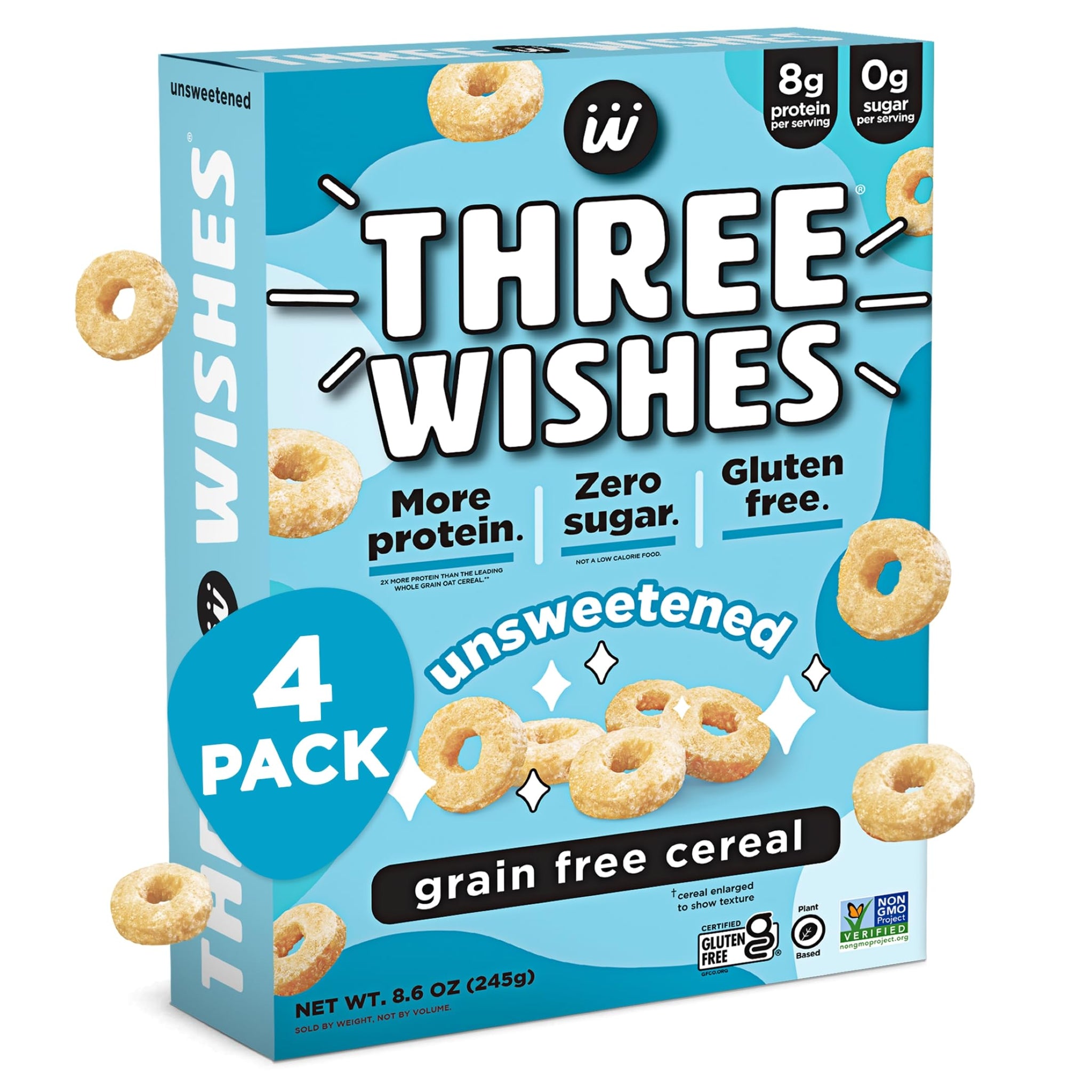 Three Wishes Grain-Free & Protein Cereal - Healthy, Sugar-Free & Gluten-Free Breakfast Cereal - Low Carb, Plant-Based, Vegan & Non-GMO - Unsweetened