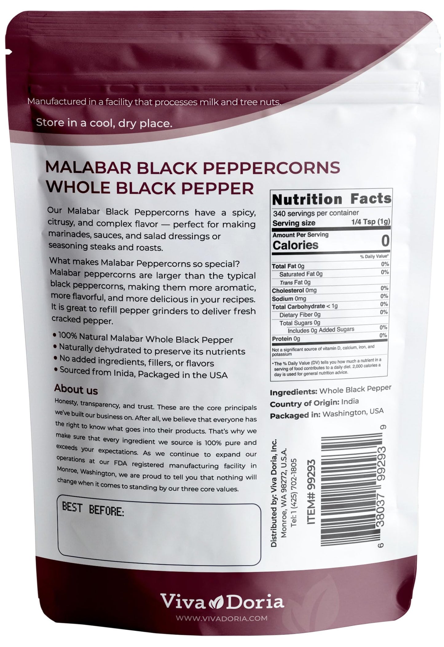 Viva Doria Malabar Black Peppercorns, Whole Black Pepper, Black Peppercorn For Grinder Refills, 12 Ounces