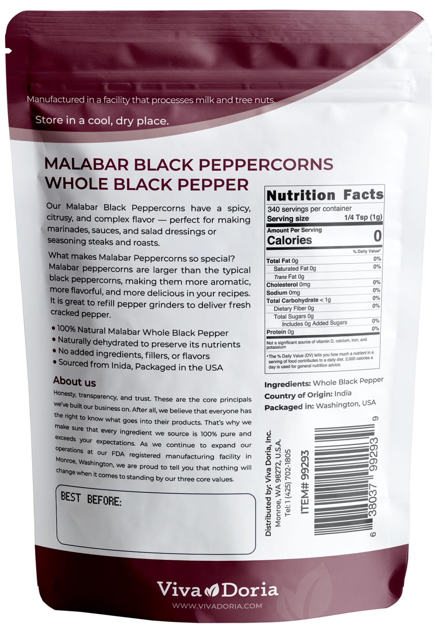 Viva Doria Malabar Black Peppercorns, Whole Black Pepper, Black Peppercorn For Grinder Refills, 12 Ounces