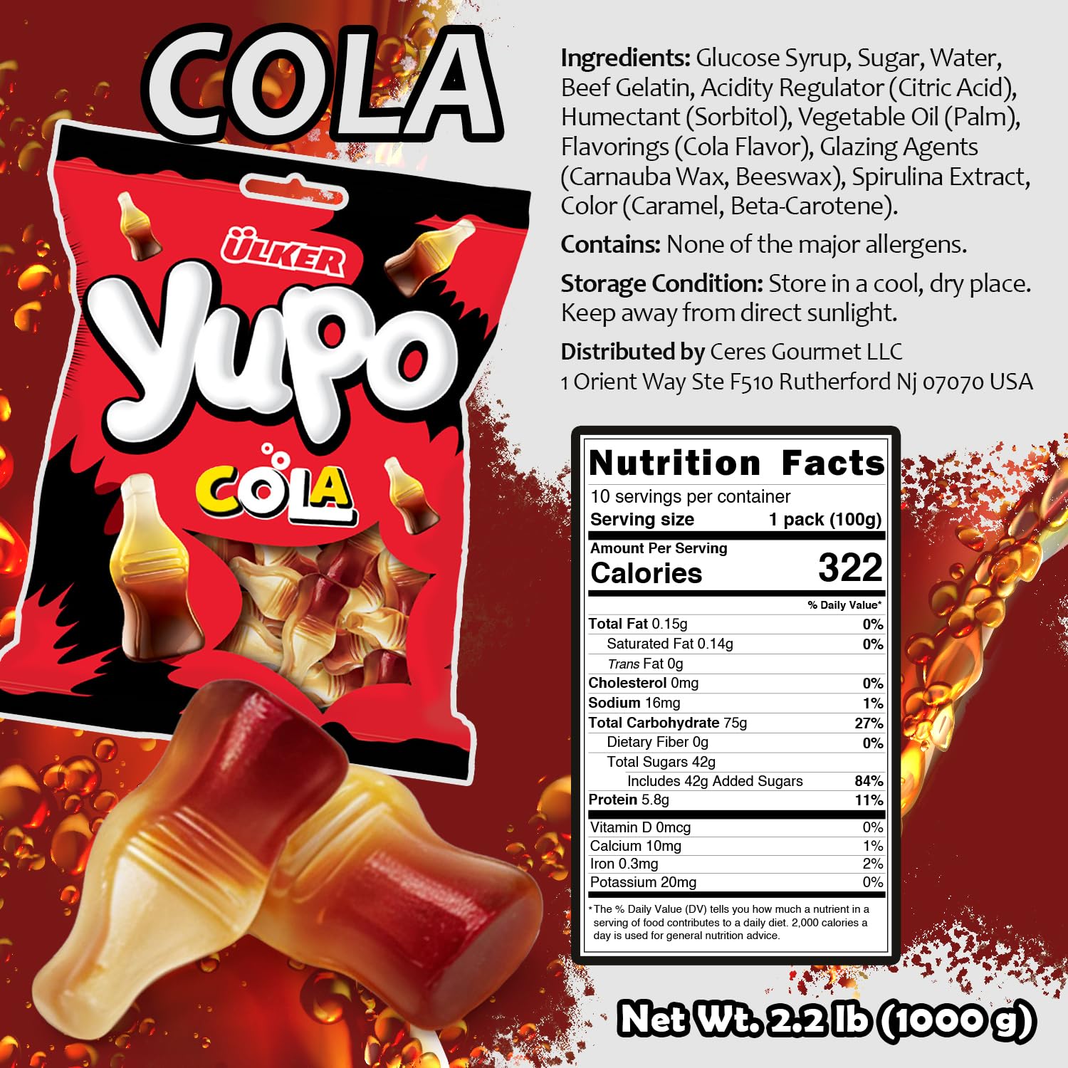 Cola Flavor Gummy Candy, 2.2 lb Bulk Bag, Soft & Chewy Gummy Candies, Soda Pop Flavor Candy for Parties, Candy Buffets, Desserts and Snacking (2.2