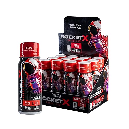 RocketX Energy Shot, Zero Calorie and Zero Sugar Energy Drink, with Natural Caffeine and B-Vitamins, Midnight Berry Flavor, 3 fl oz, Pack of 12
