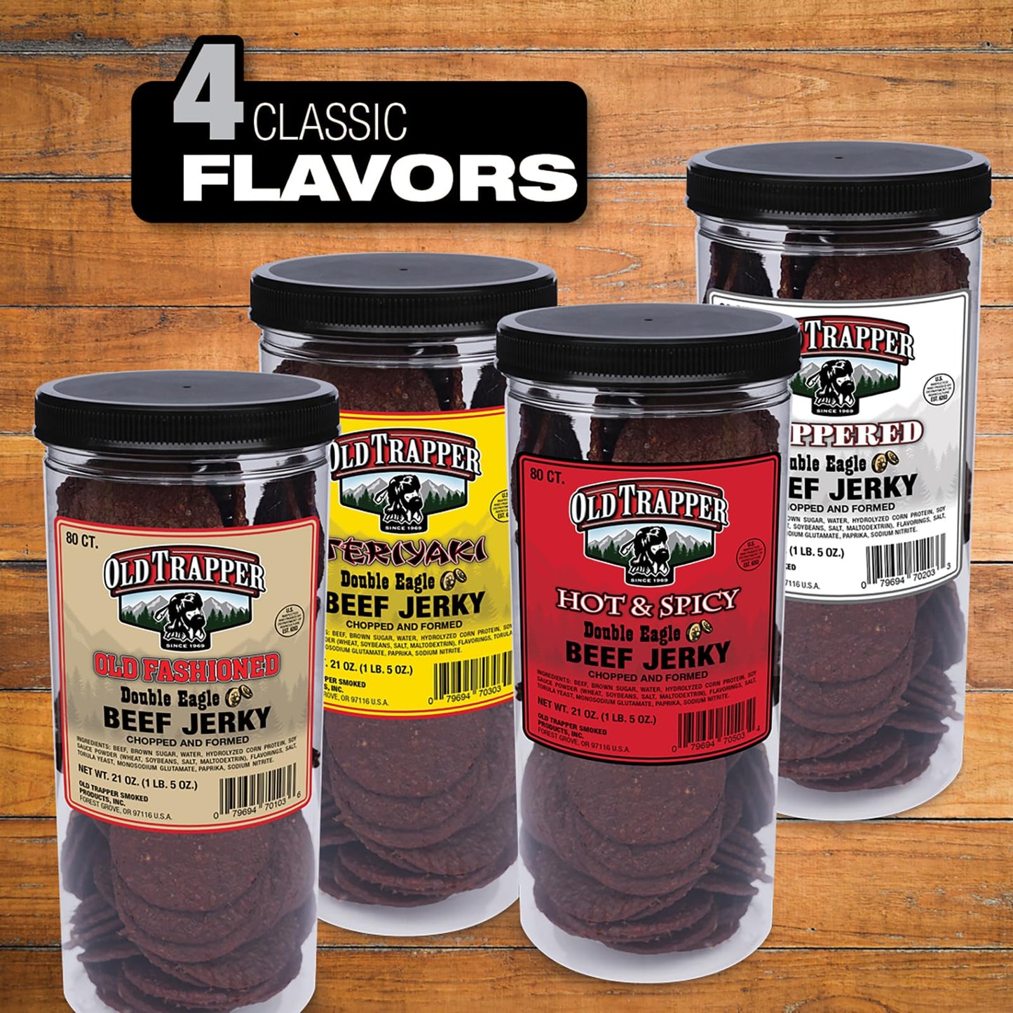 Old Trapper Double Eagle Beef Jerky, Peppered Flavor, 21oz. 80-Piece Jar, Natural Wood Smoked Meat Snacks, 10 Grams of Protein and 80 Calories per