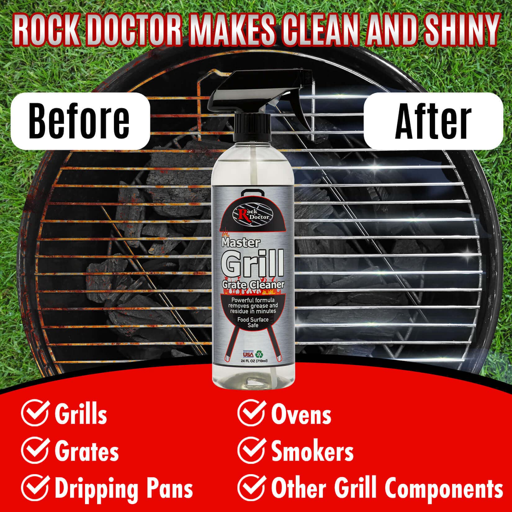 Rock Doctor Master Grill Grate Cleaner, 24 oz. Cleaning Spray for Drip Pans, Oven Grates, Smokers, and Components, Non-Abrasive Liquid Solution