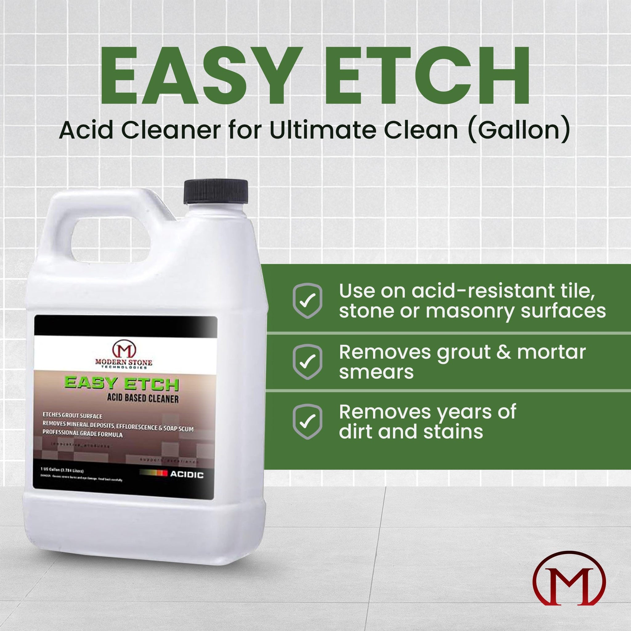 Modern Stone Technologies Easy Etch - Acid-Based Tile & Grout Cleaner Concentrate (Grout Haze/Mortar Smear Remover, Mineral Deposit & Rust Stain