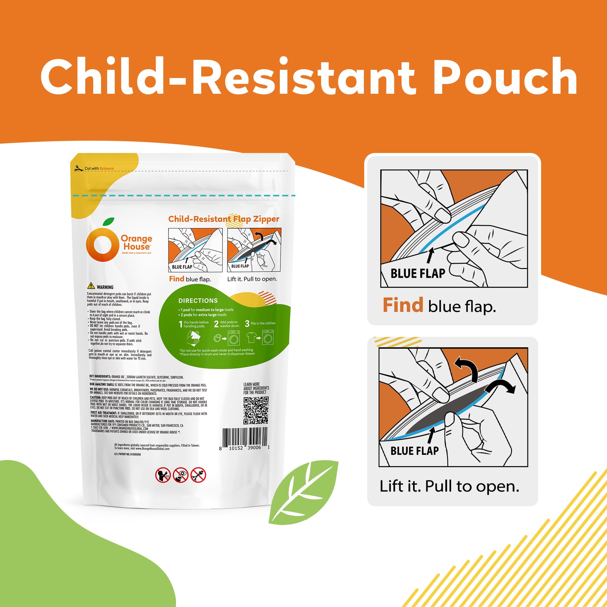 ORANGE HOUSE Laundry Detergent Pods, Natural Plant-Based Detergent with Orange Oil?Hypoallergenic, Child-Resistant Pouch, Free & Clean, Scent-Free, HE