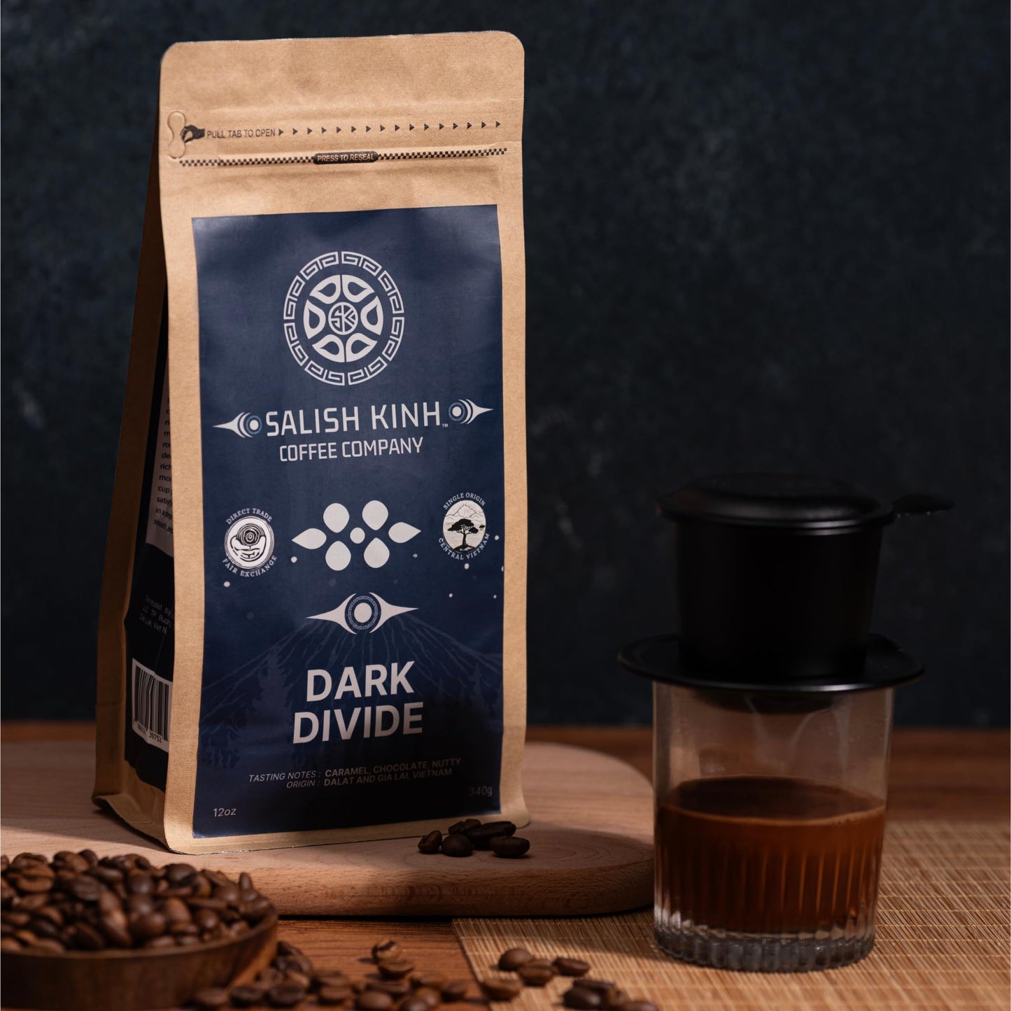 SALISH KINH Whole Bean Coffee | Dark Divide | 12 oz Bag | 100% Robusta | Bold Roast | Specialty Grade | Single Origin | Direct Trade | Indigenous