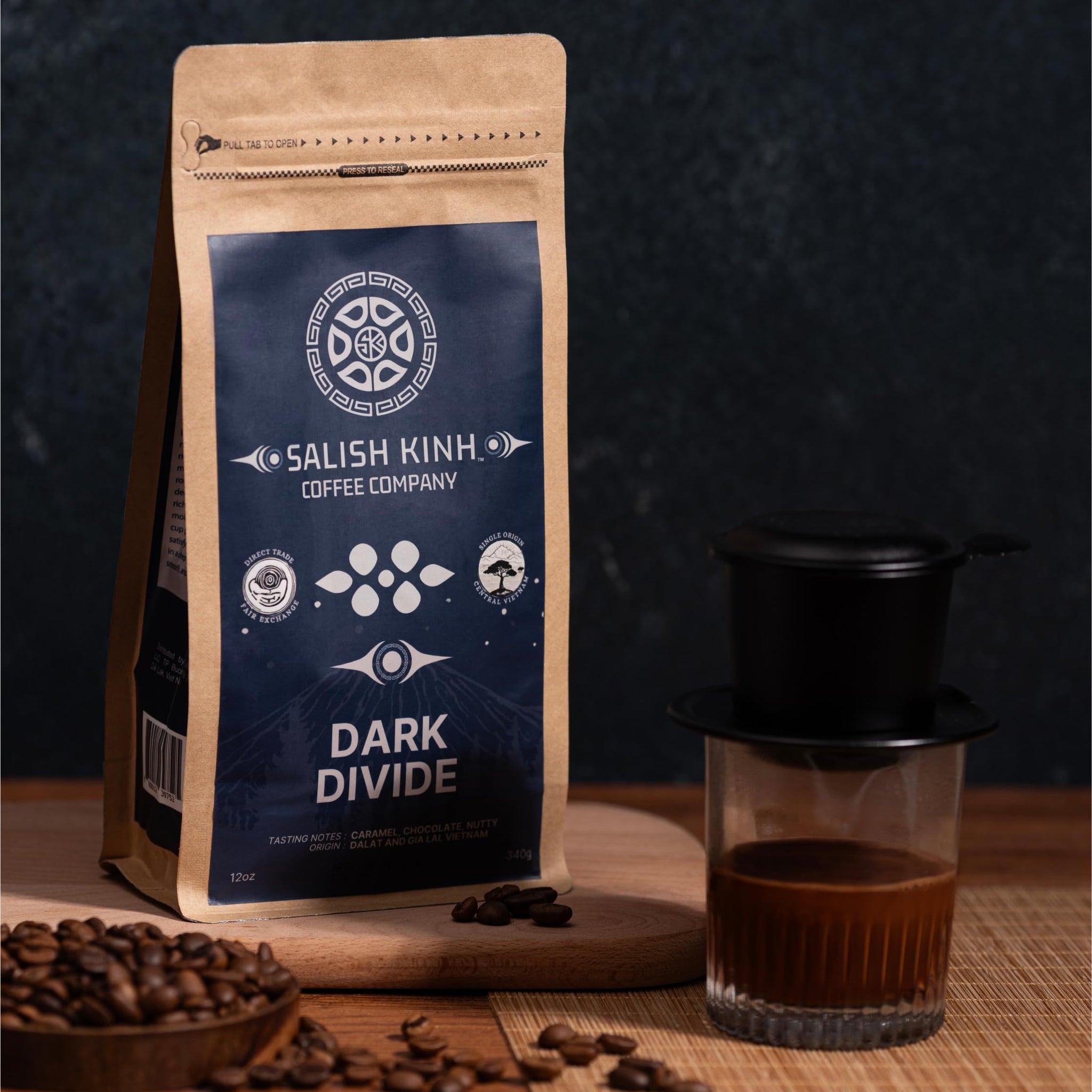 SALISH KINH Whole Bean Coffee | Dark Divide | 12 oz Bag | 100% Robusta | Bold Roast | Specialty Grade | Single Origin | Direct Trade | Indigenous