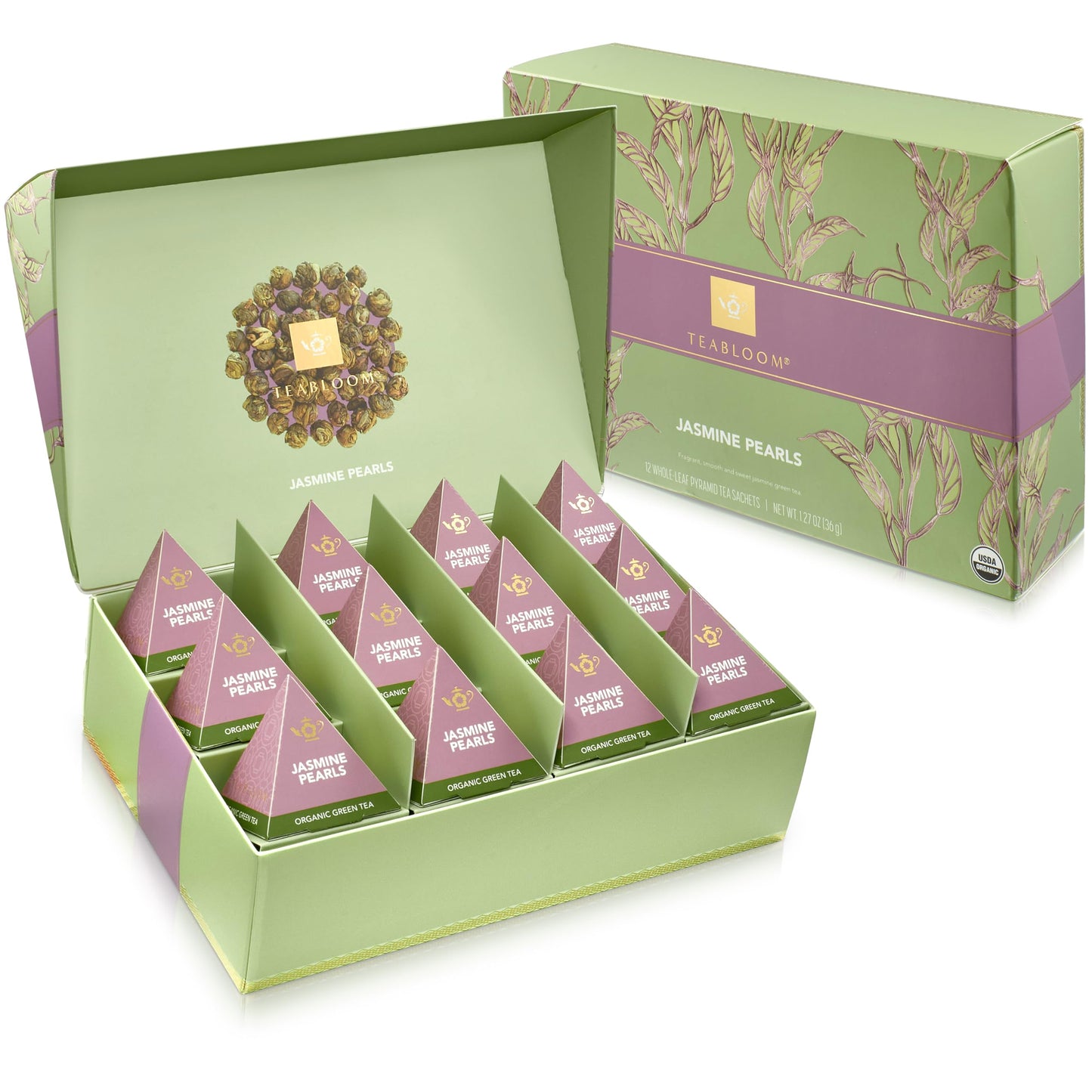 Teabloom Jasmine Pearls - USDA Organic Jasmine Green Tea in Plant-Based Pyramid Sachets - Luxury Tea Gift Box with 12 Compostable Sachets - Kosher