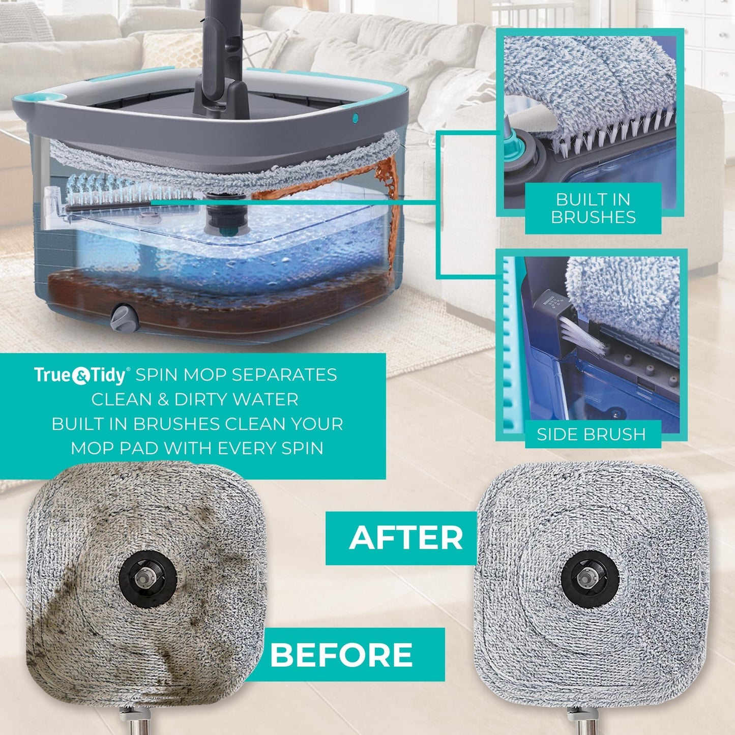 True & Tidy True Clean Spin Mop & Bucket System - Dual Compartment Design for Clean & Dirty Water, 360° Swivel Mop Head, Built-in Scrubbing Brush
