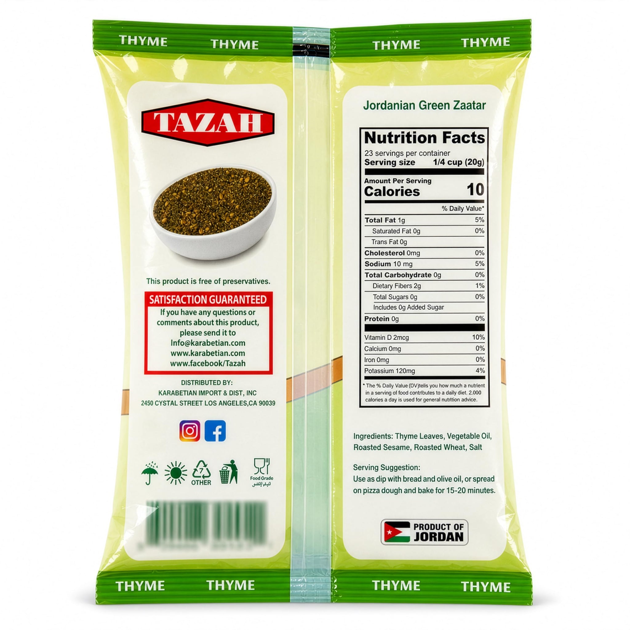 Tazah Zaatar 16oz Jordanian Zatar Spice Blend Green Za'atar Thyme Mixture in Bag
