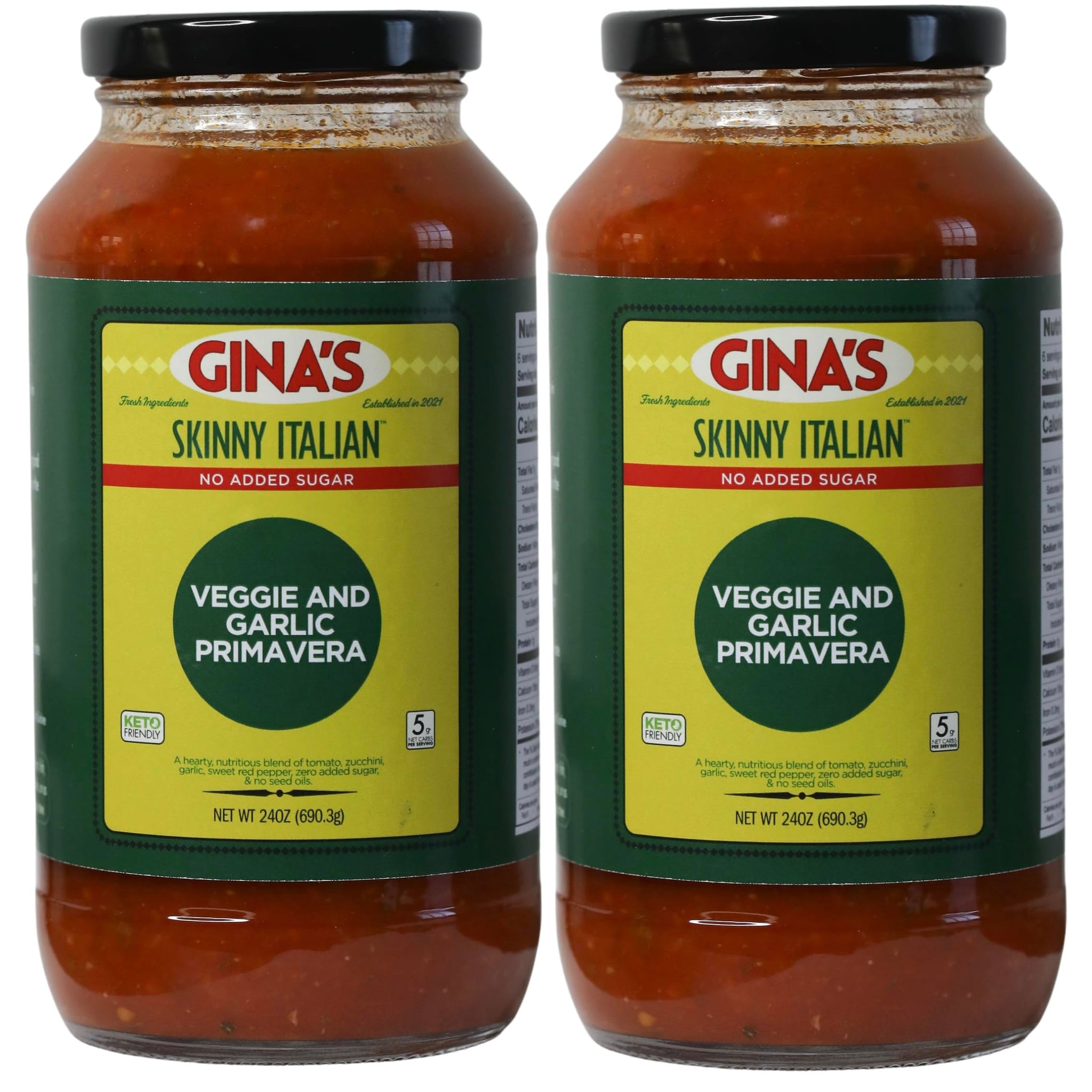 Gina’s Skinny Italian Veggie & Garlic Primavera, 2-Pack (Two 24 oz Jars) | No Sugar Added, Low Carb, Keto & Gluten Free Pasta Sauce | Clean
