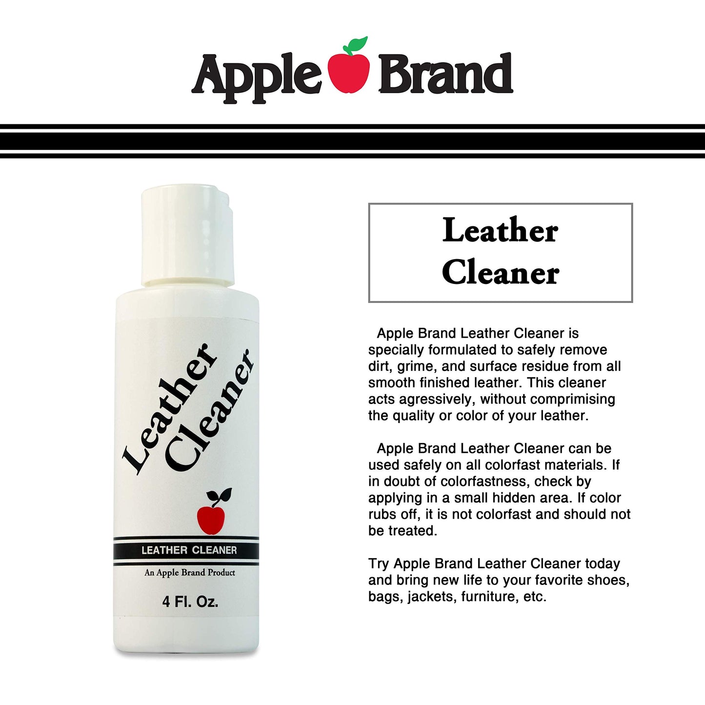 Apple Brand Leather Cleaner 4 oz - Great for Shoes, Boots, Handbags, Car Upholstery, Furniture - Removes Surface Dirt, Grime, Salt and More From