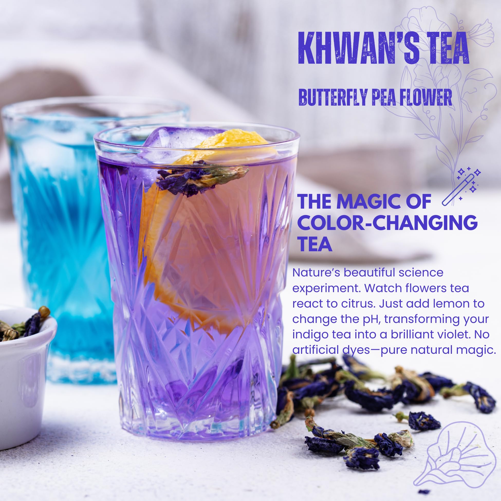 KHWAN'S TEA Butterfly Pea Flower Tea, USDA Organic Loose Dried Whole Flowers 1.8 oz (50g), 120+ Cups, Caffeine-Free Antioxidant-Rich Herbal Tea