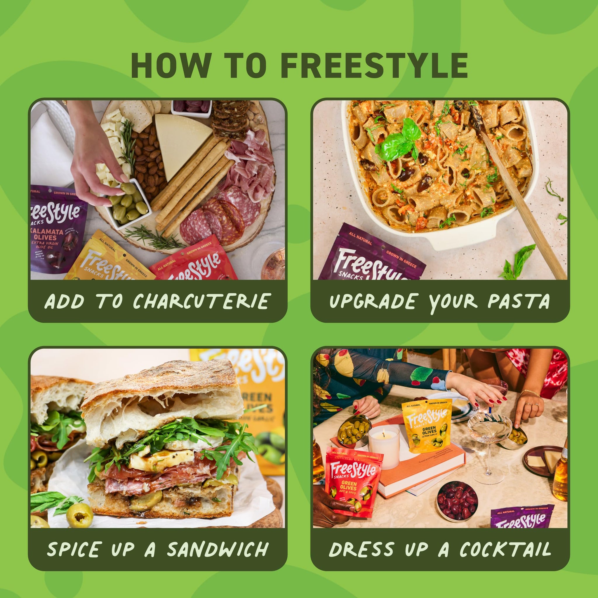 Freestyle Snacks Olive Snack Packs - As Seen on Shark Tank - Fresh Pitted Green Olives, 3 Flavors, Grown in Greece, Salty Snack, All Natural, Non-GMO