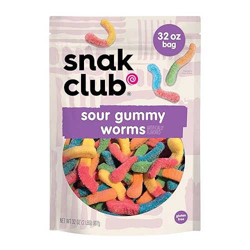 Snak Club Sour Gummy Worms, Assorted Sweet and Sour Gummies, Bulk Candy, Gluten-Free Snacks, Non-GMO, 32 oz Resealable Bag