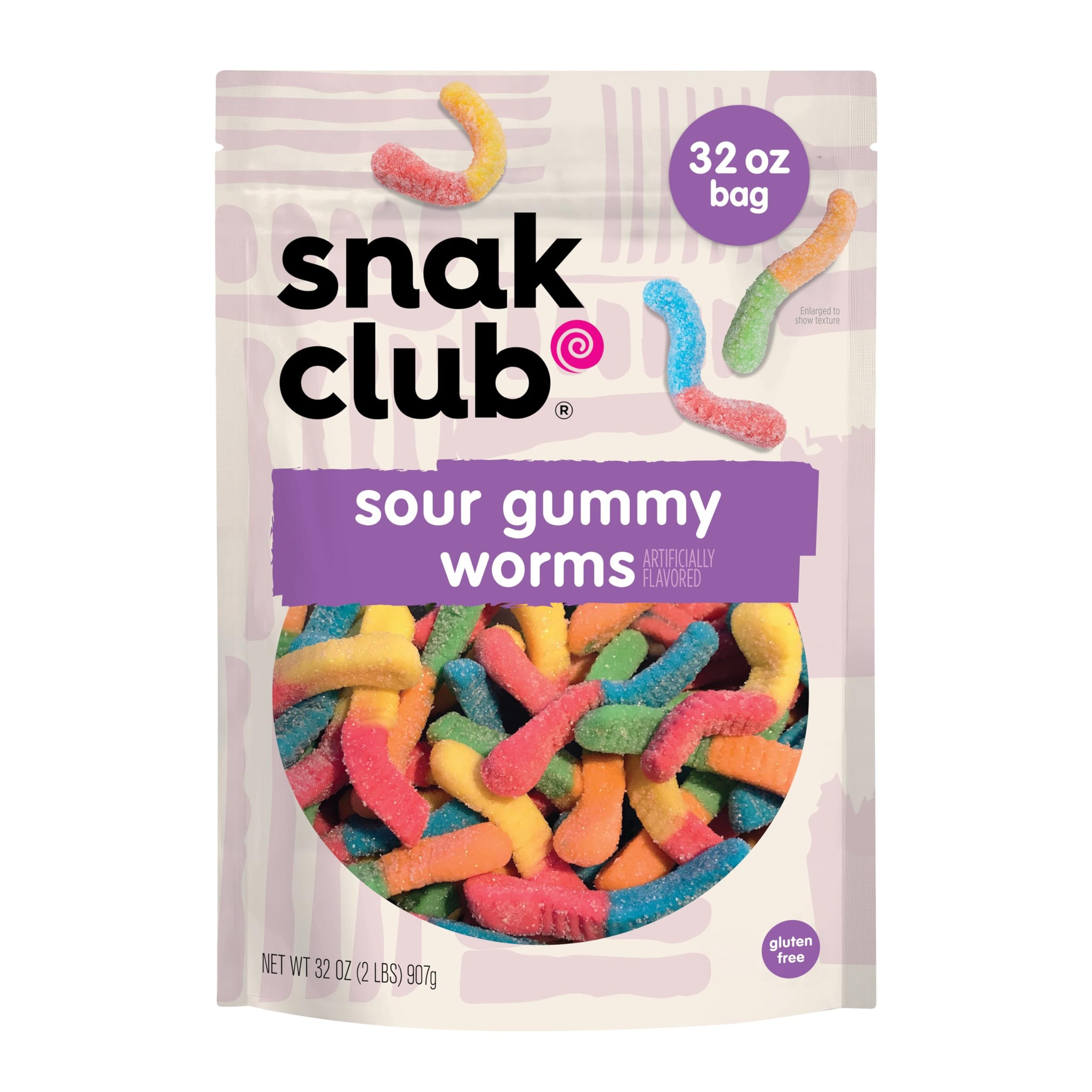 Snak Club Sour Gummy Worms, Assorted Sweet and Sour Gummies, Bulk Candy, Gluten-Free Snacks, Non-GMO, 32 oz Resealable Bag