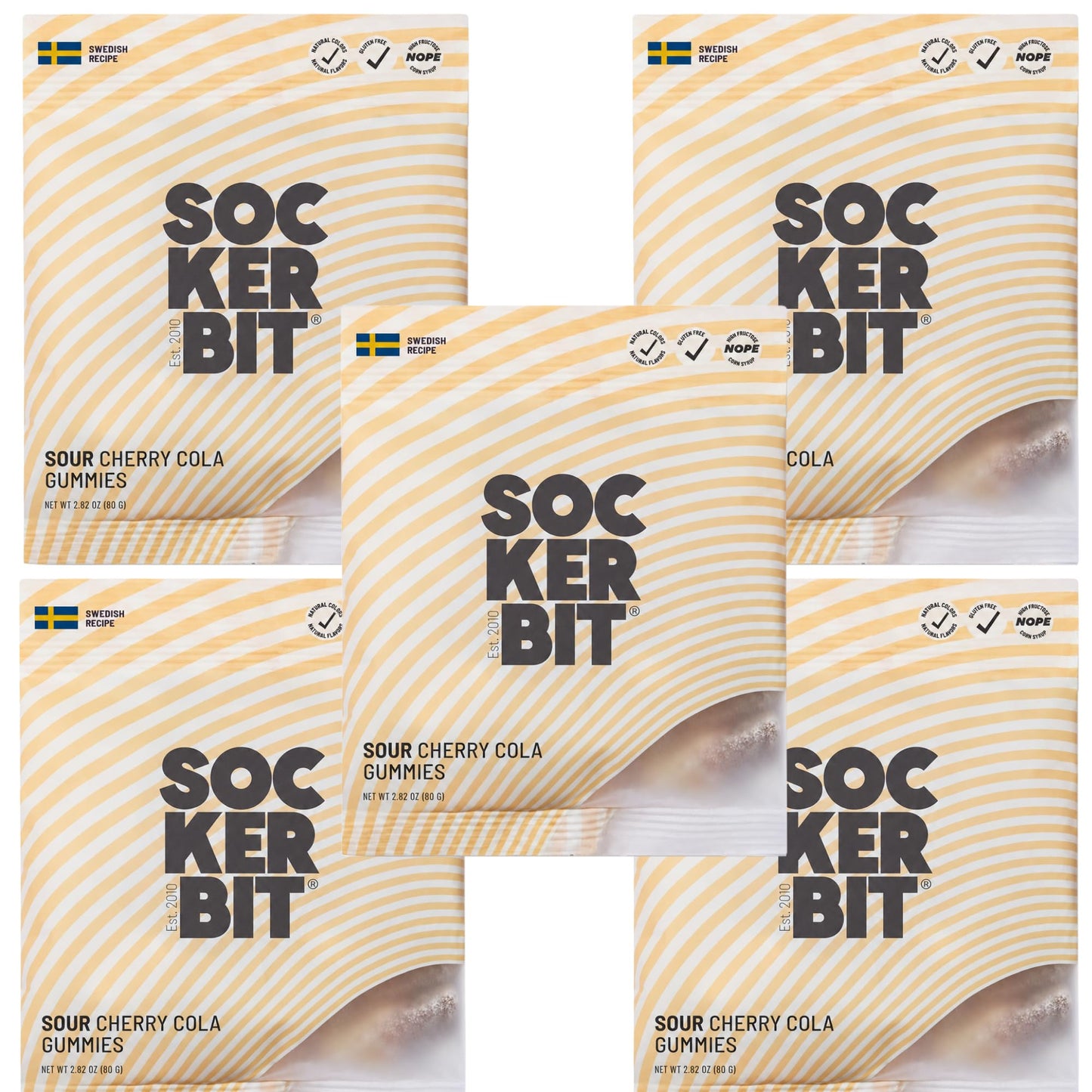 Sockerbit Swedish Candy Sour Cherry Cola Gummies, 5 Bags, Sweet & Sour Candy Bottle Shapes, Sugar-Coated Chewy Gummies, Gluten Free & Non GMO, 2.82oz